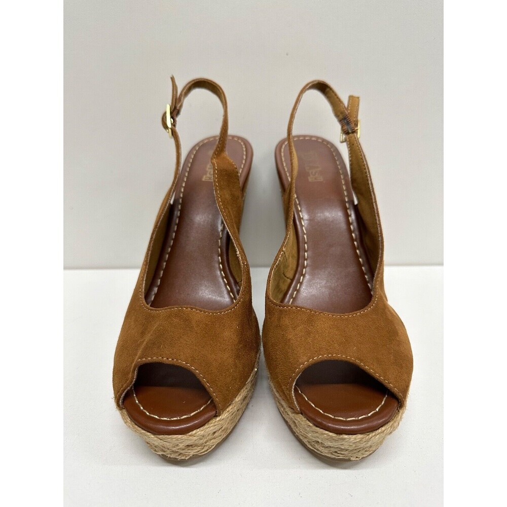 Trash women size 8.5 brown open toe slingback wedge heel sandal faux suede upper